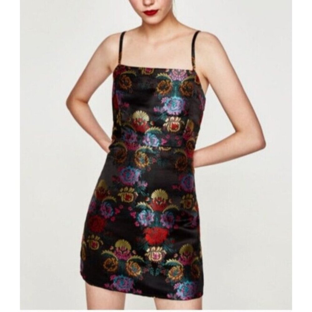 Zara Trafaluc Women's Sleeveless Mini Dress Satin Floral‎ Jacquard Black Size M